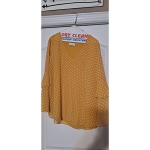 Calvin Klein yellow mustard Large polka dot blouse with ruffle bell sleeves.